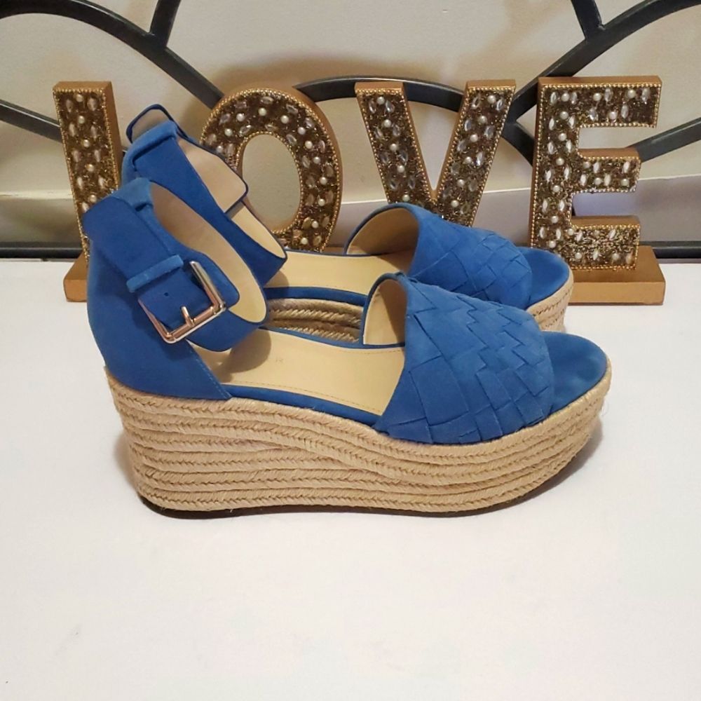 Marc Fisher Varin Blue Suede Woven Wedge Espadrille Sandals Sz 9.5 Cottagecore - Picture 6 of 12